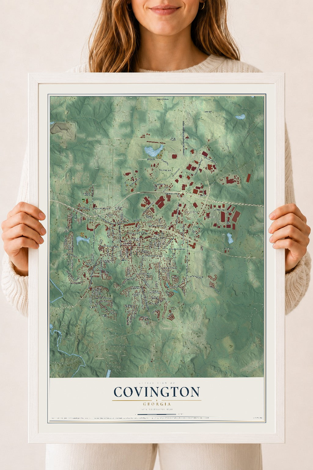 Covington, Georgia map print, 18" x 24" W/ White Ayous Wood Frame mockup