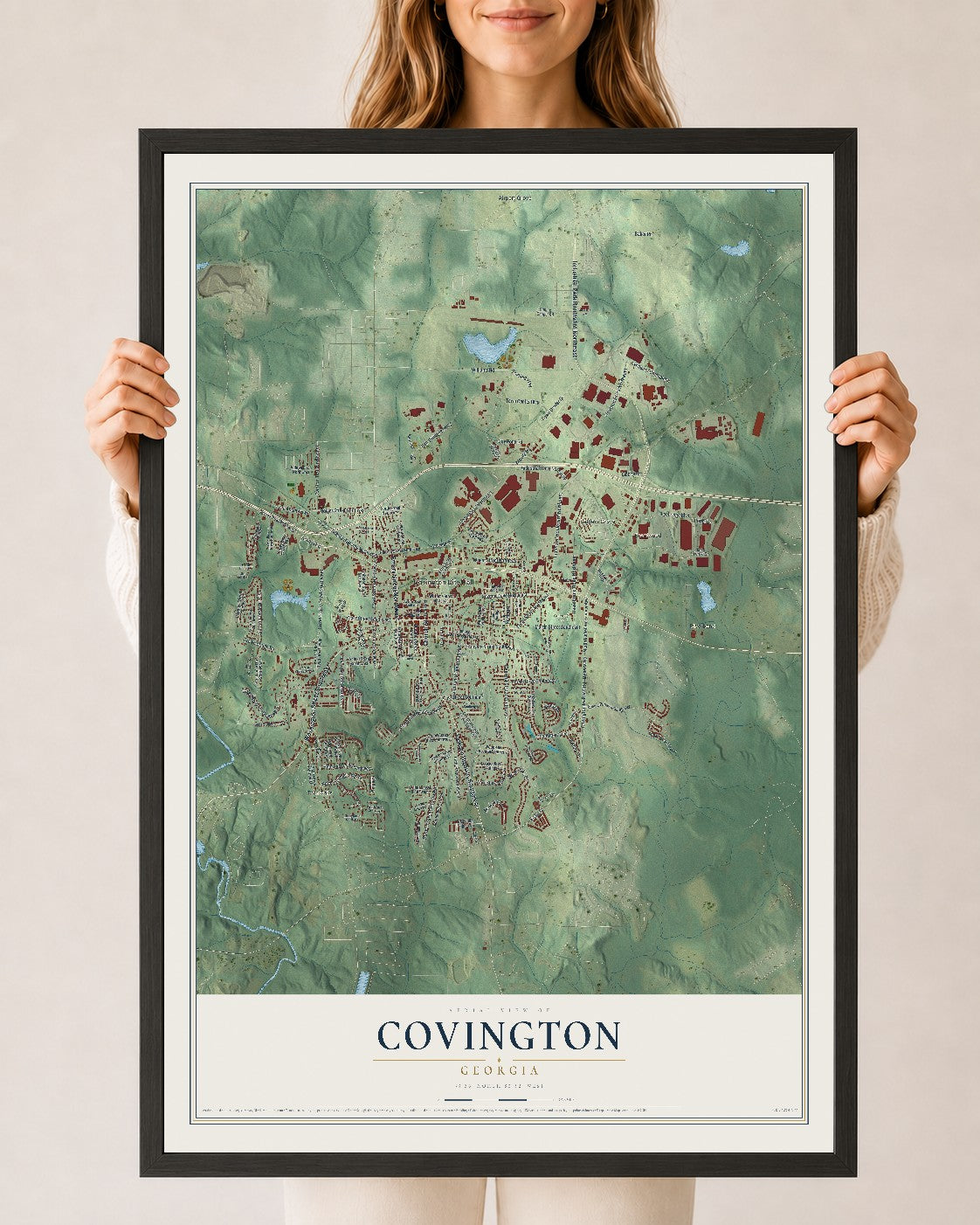 Covington, Georgia map print, 24" x 36" W/ Black Ayous Wood Frame mockup
