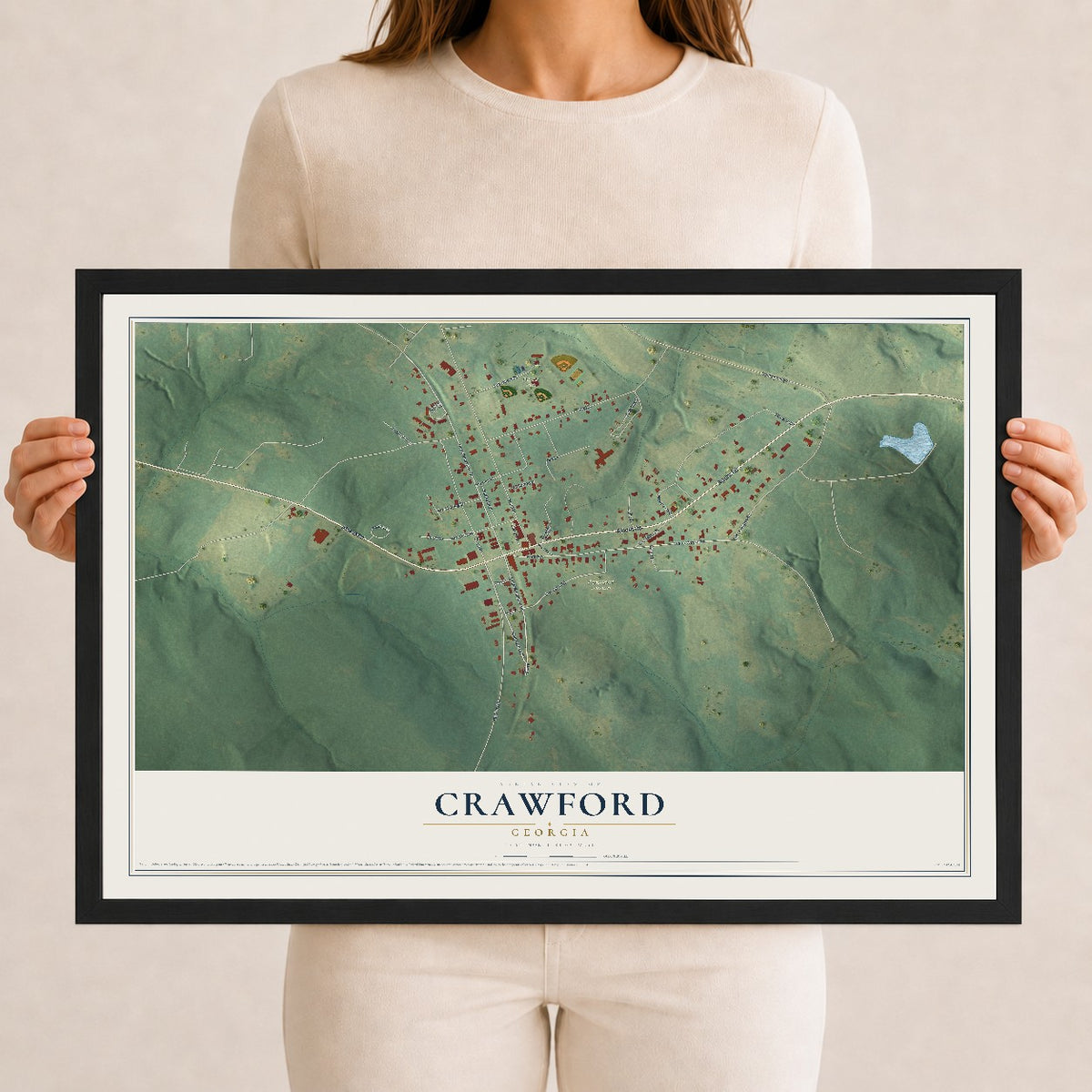 Crawford, Georgia map print, 12" x 18" W/ Black Ayous Wood Frame mockup