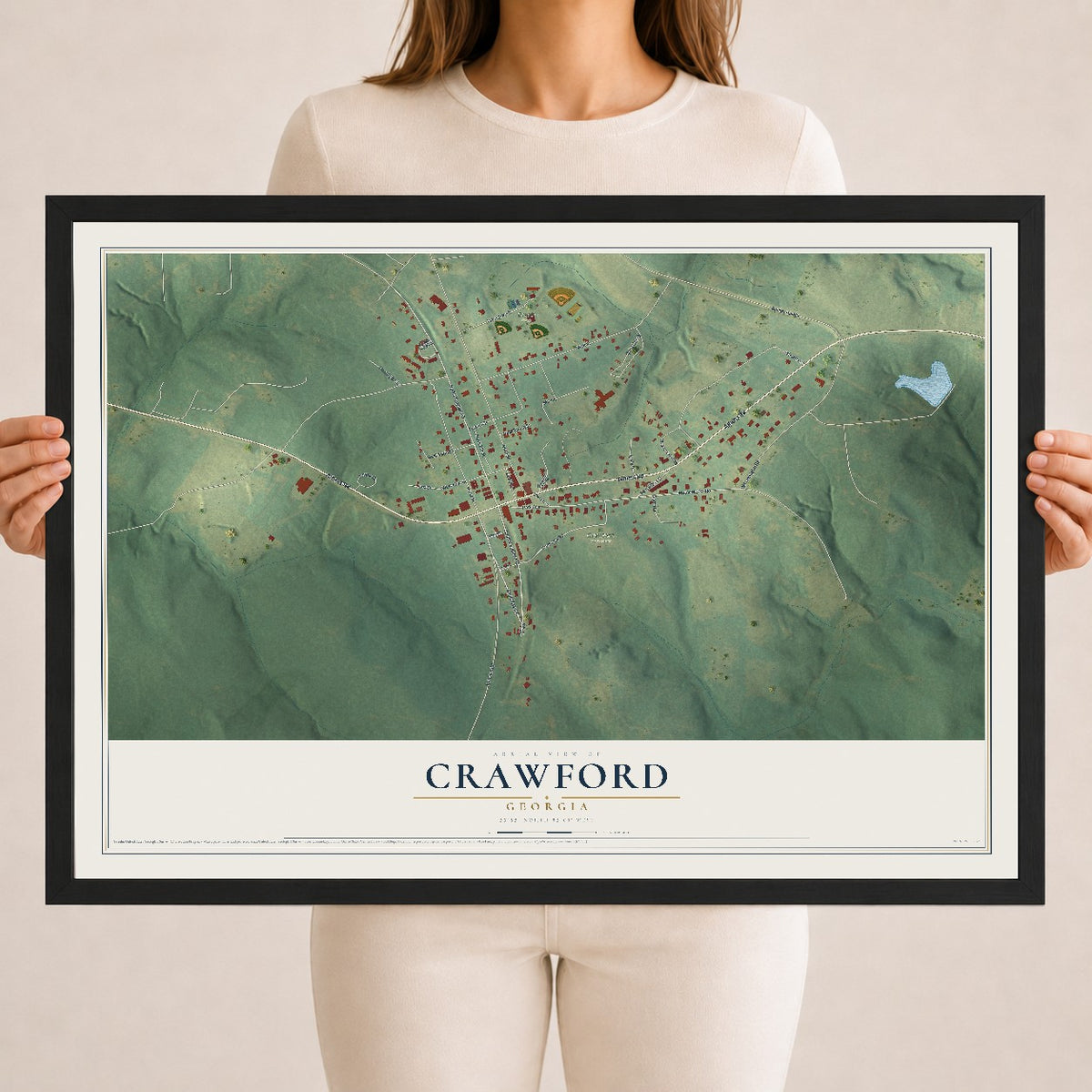 Crawford, Georgia map print, 18" x 24" W/ Black Ayous Wood Frame mockup