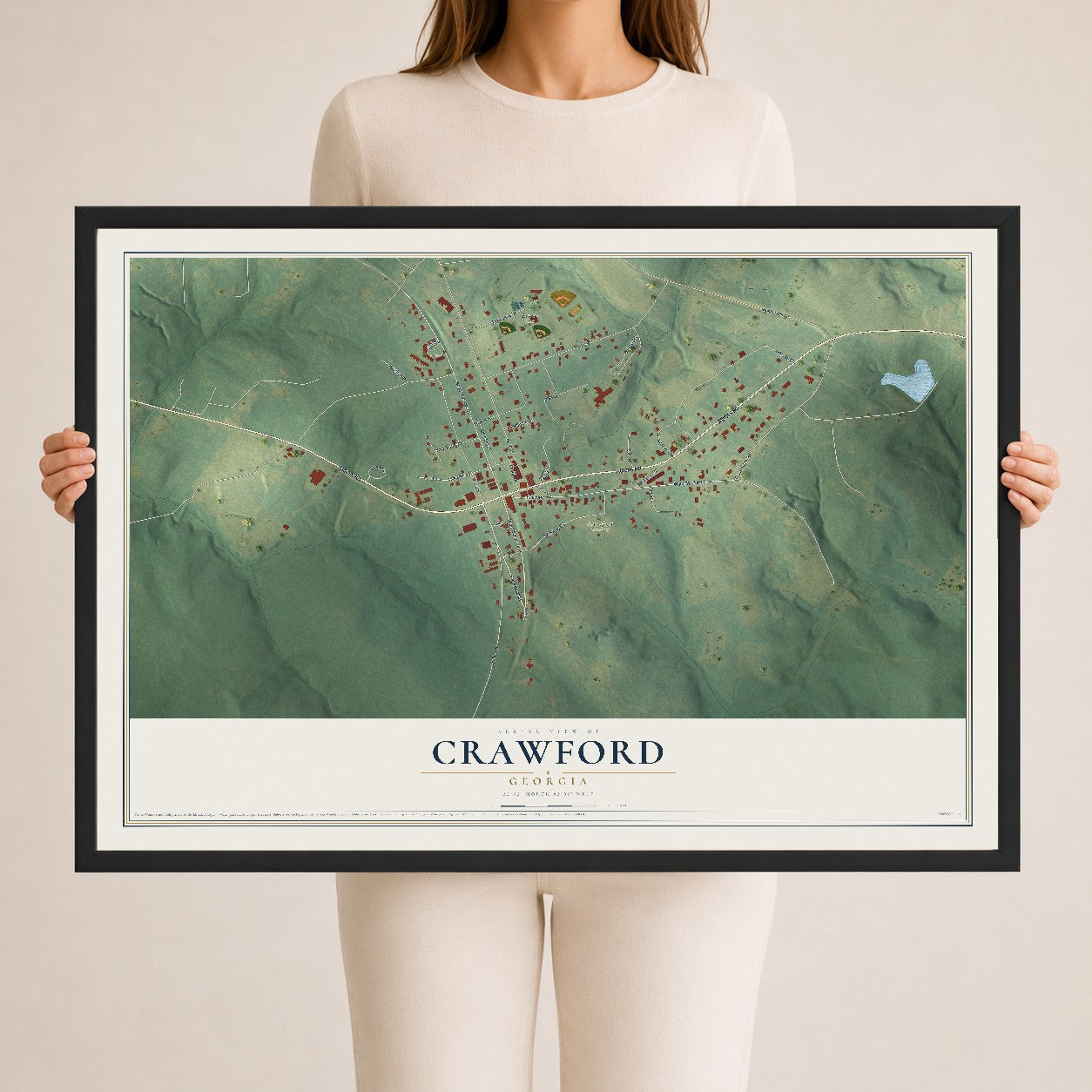 Crawford, Georgia map print, 24" x 36" W/ Black Ayous Wood Frame mockup
