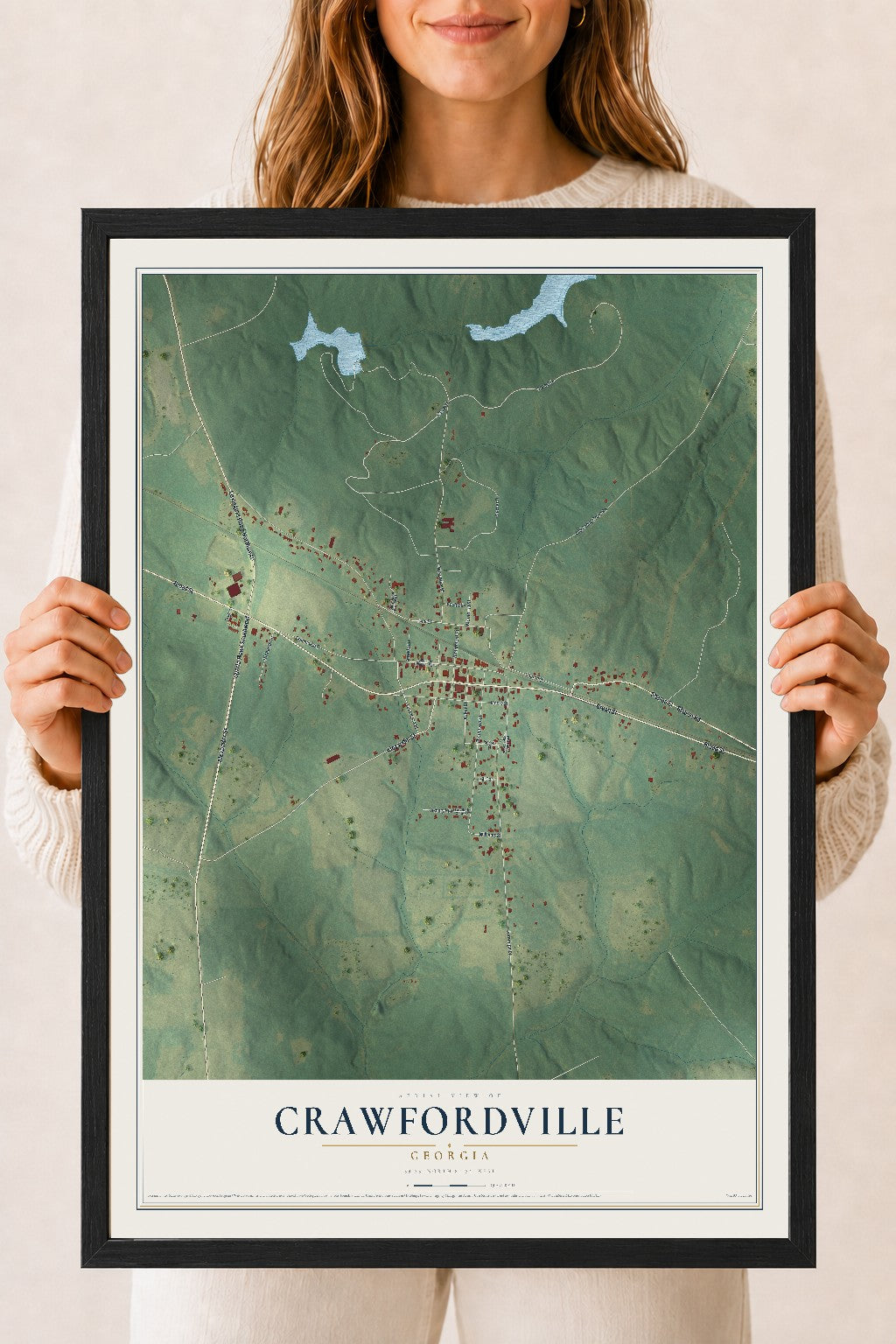 Crawfordville, Georgia map print, 18" x 24" W/ Black Ayous Wood Frame mockup