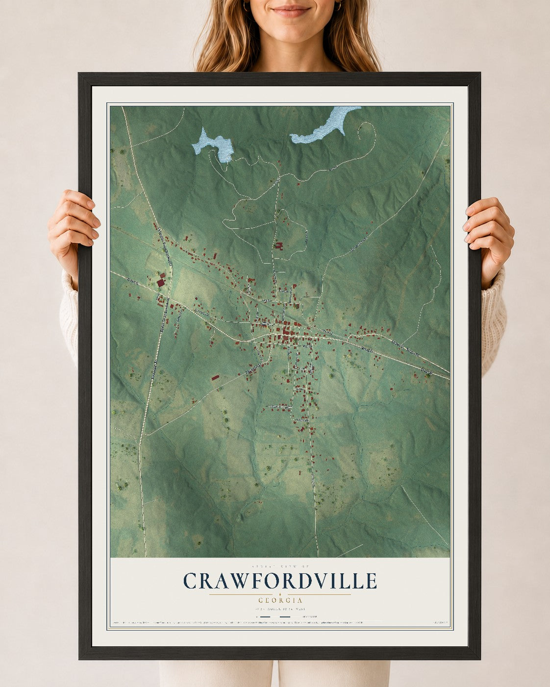 Crawfordville, Georgia map print, 24" x 36" W/ Black Ayous Wood Frame mockup