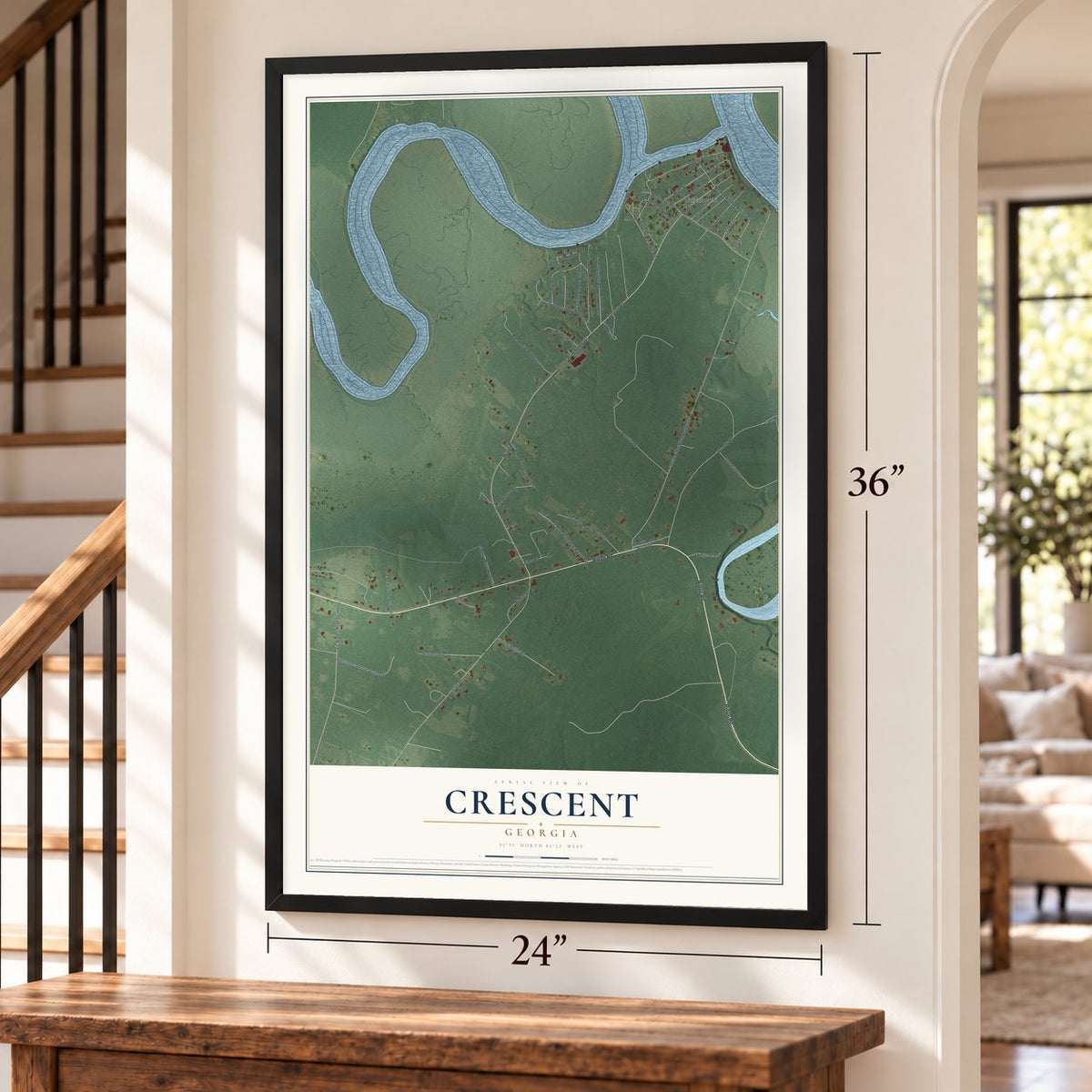 Crescent, Georgia map, 24 x 36 inch print in a black frame by a staircase