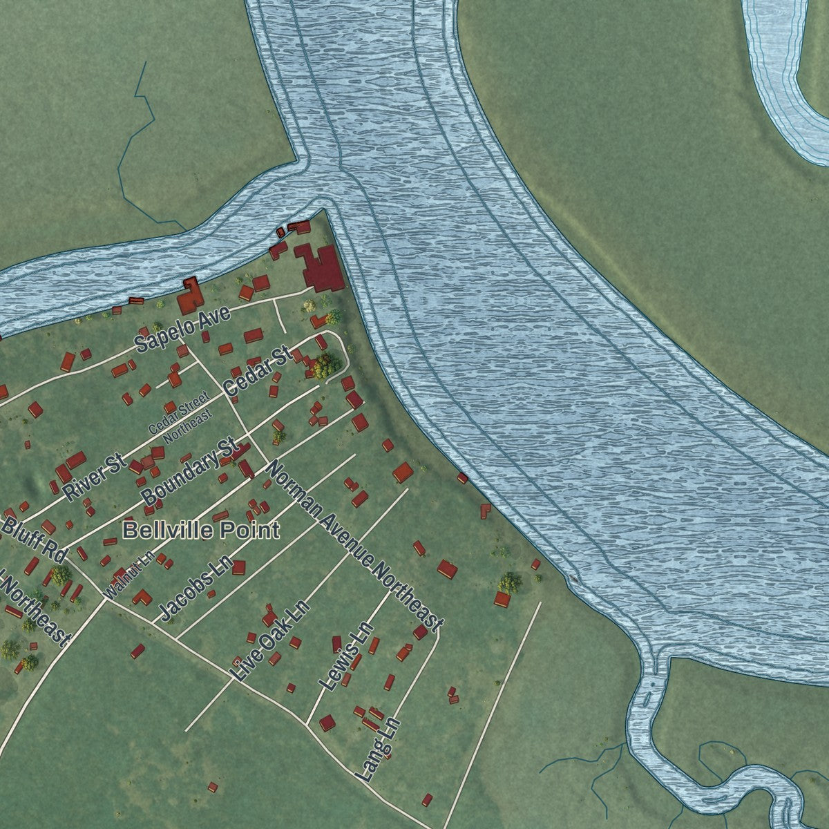 Close-up of the map of Crescent, Georgia print showing street and building detail