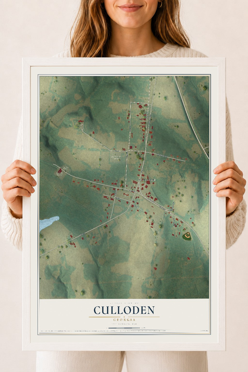 Culloden, Georgia map print, 18" x 24" W/ White Ayous Wood Frame mockup