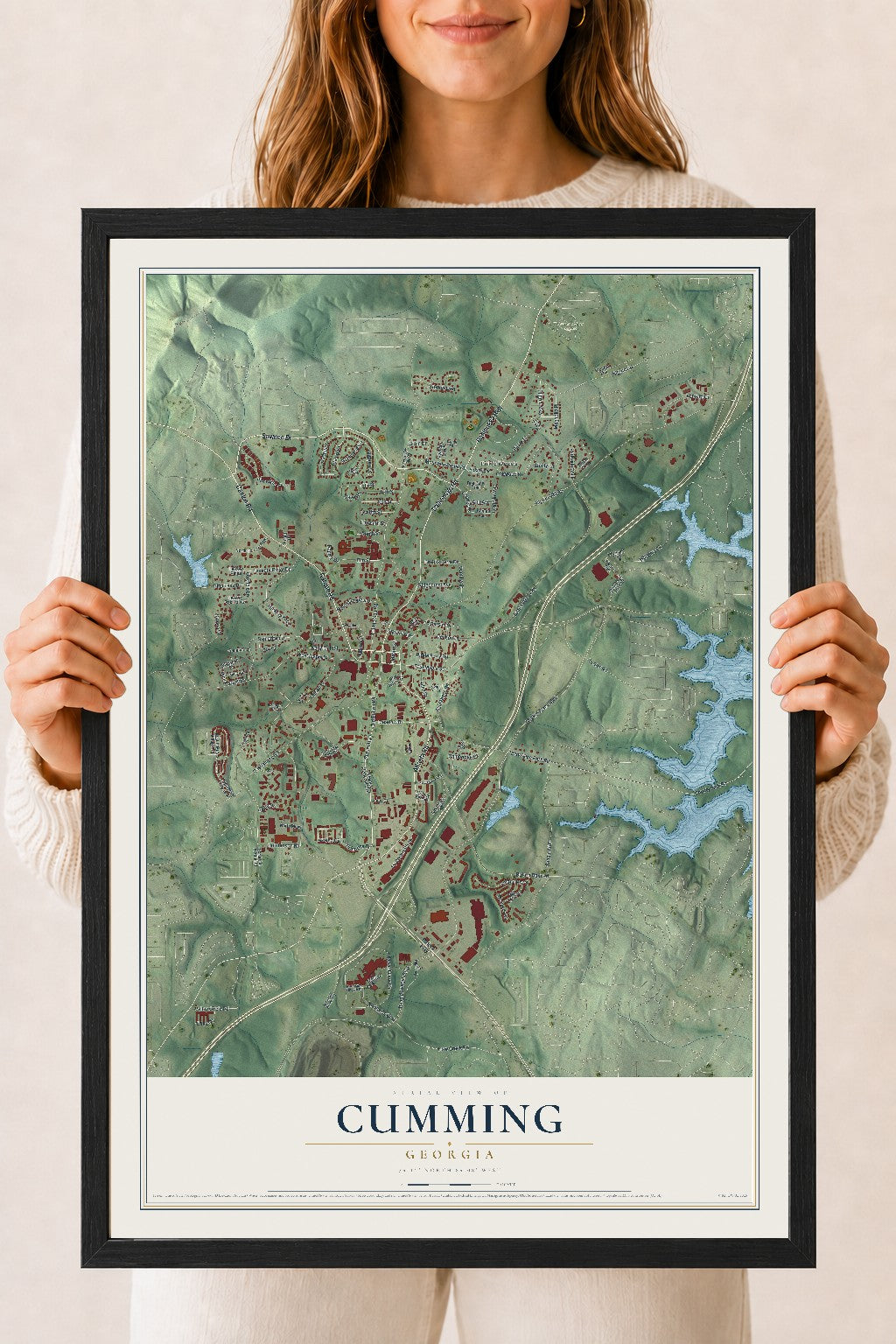 Cumming, Georgia map print, 18" x 24" W/ Black Ayous Wood Frame mockup