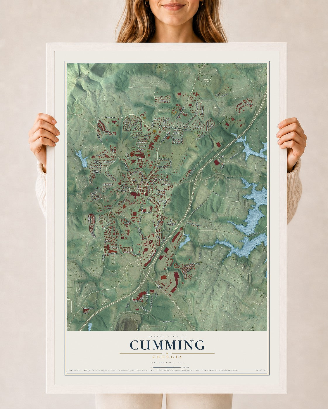 Cumming, Georgia map print, 24" x 36" W/ White Ayous Wood Frame mockup