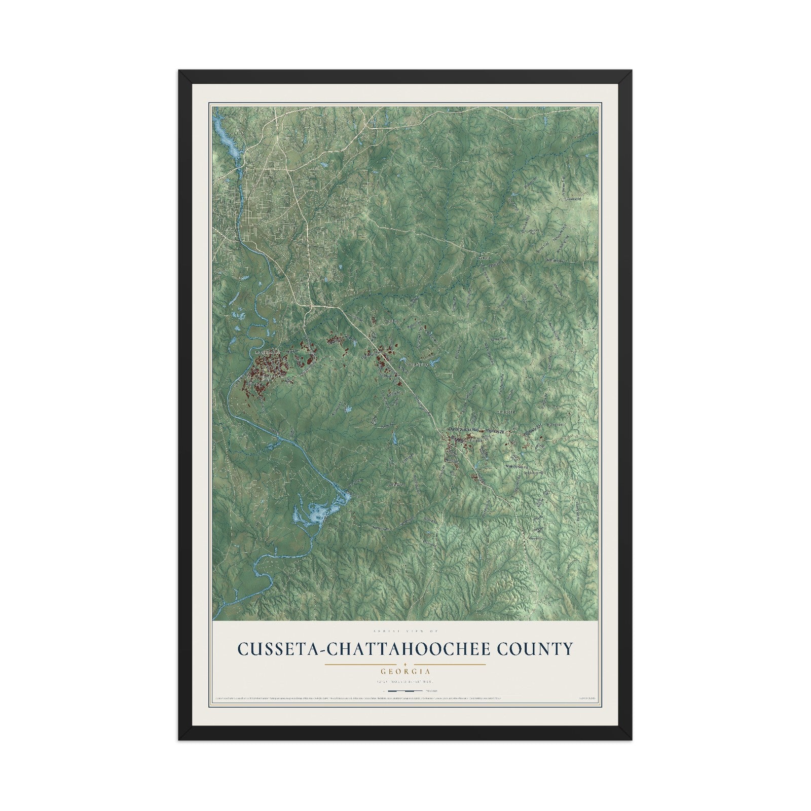 Cusseta-Chattahoochee County, Georgia map print, 12" x 18" W/ Black Ayous Wood Frame mockup