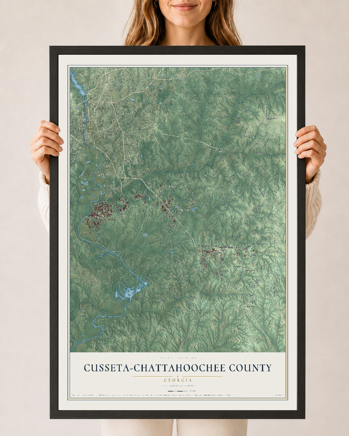 Cusseta-Chattahoochee County, Georgia map print, 24" x 36" W/ Black Ayous Wood Frame mockup