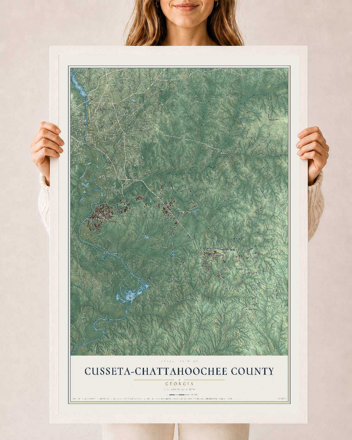 Cusseta-Chattahoochee County, Georgia map print, 24" x 36" W/ White Ayous Wood Frame mockup