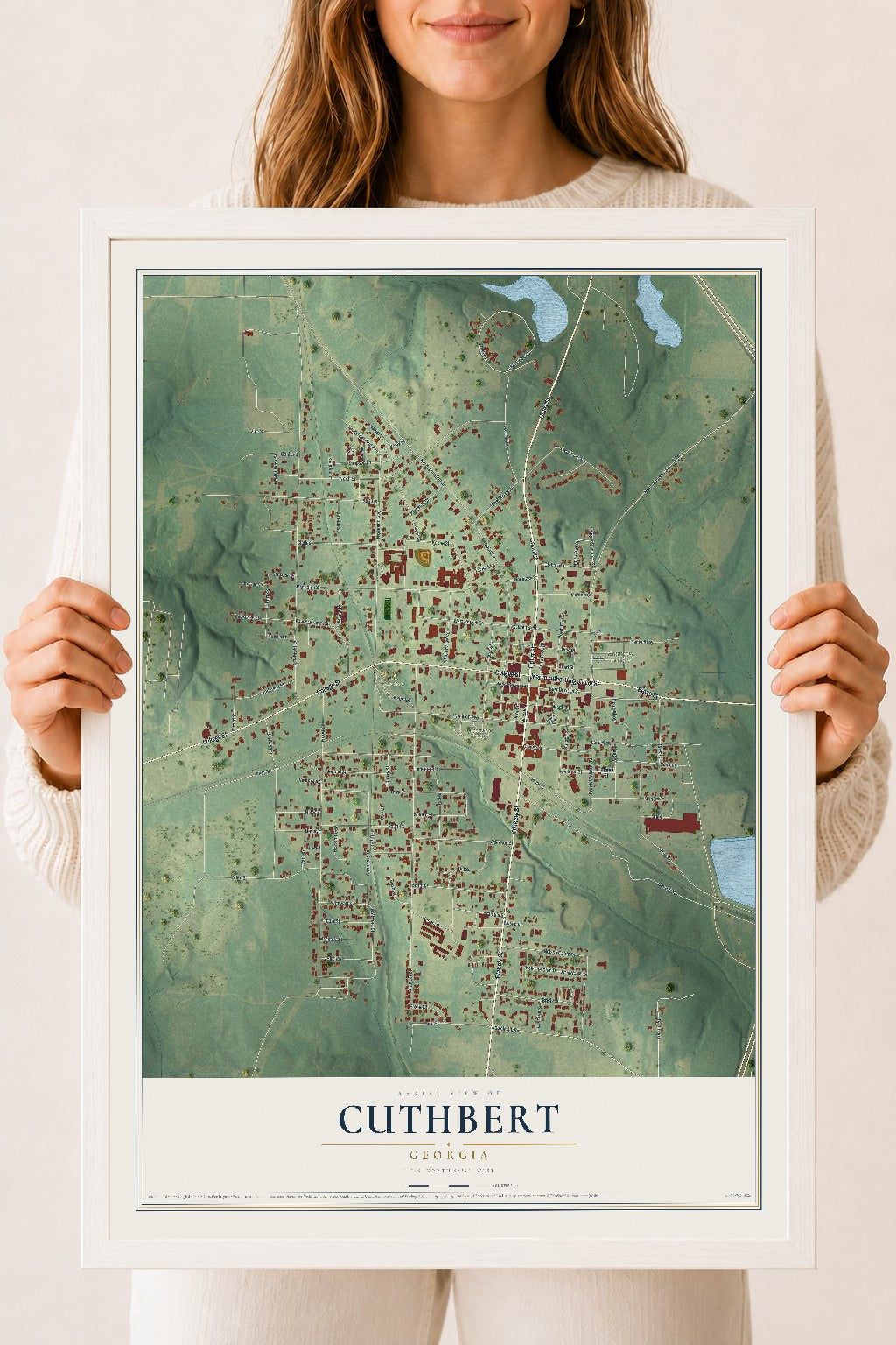 Cuthbert, Georgia map print, 18" x 24" W/ White Ayous Wood Frame mockup