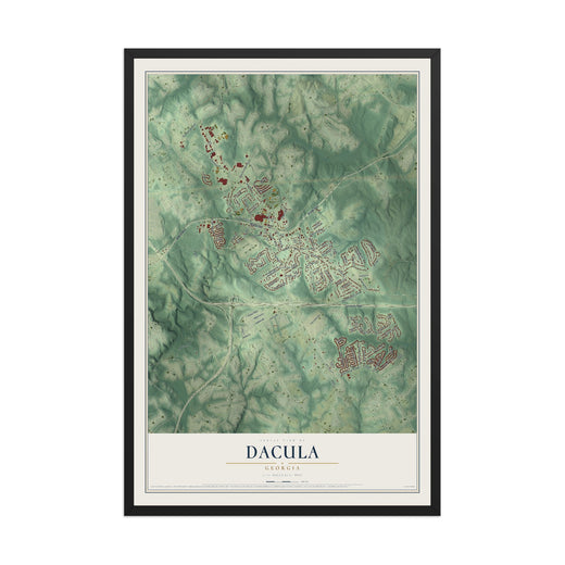 Map of Dacula, Georgia, 12 x 18 inch print in a black wood frame