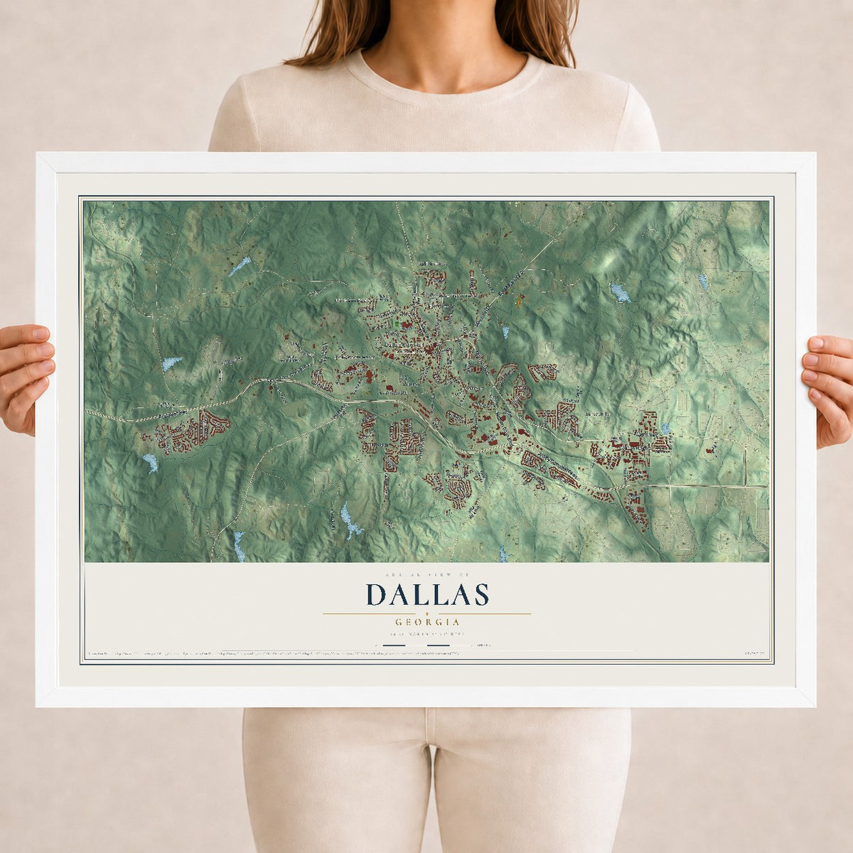 Dallas, Georgia map print, 18" x 24" W/ White Ayous Wood Frame mockup