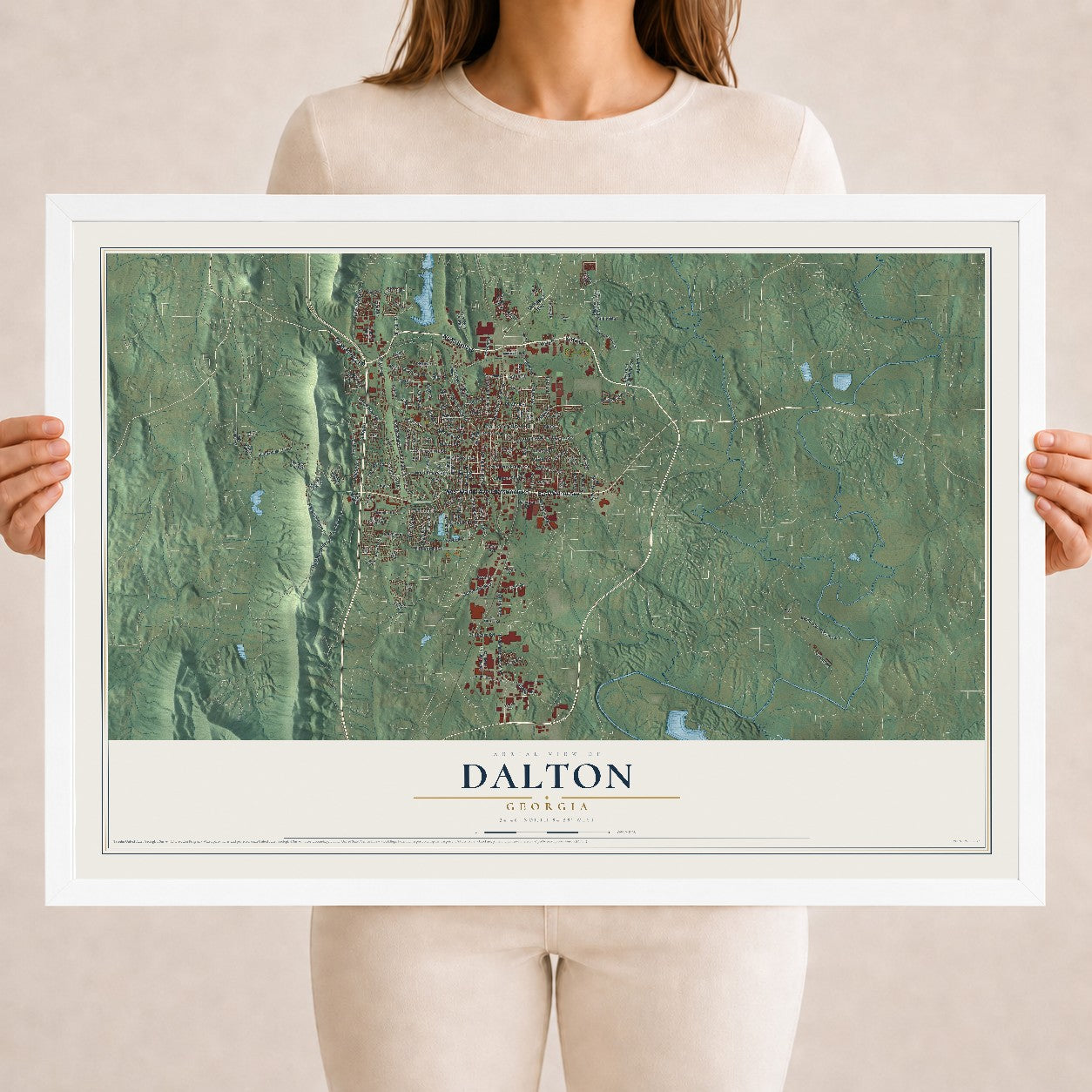 Dalton, Georgia map print, 18" x 24" W/ White Ayous Wood Frame mockup