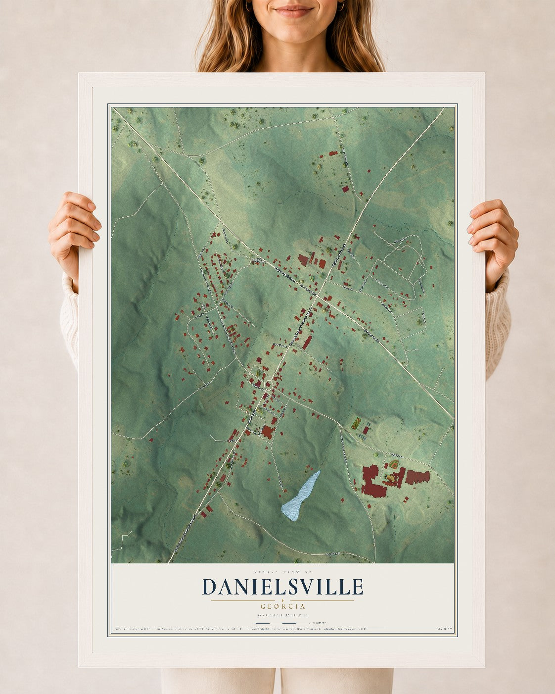 Danielsville, Georgia map print, 24" x 36" W/ White Ayous Wood Frame mockup