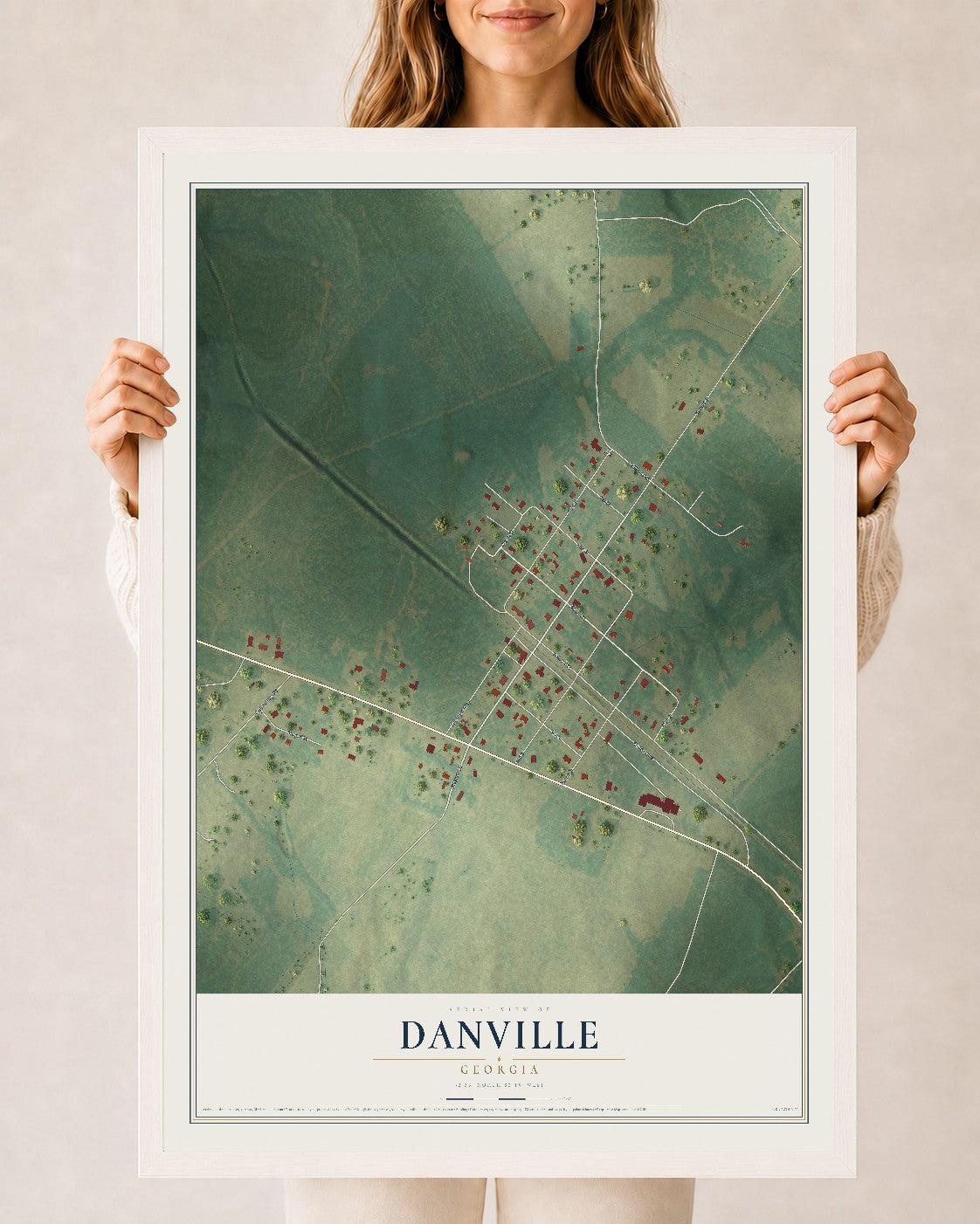 Danville, Georgia map print, 24" x 36" W/ White Ayous Wood Frame mockup