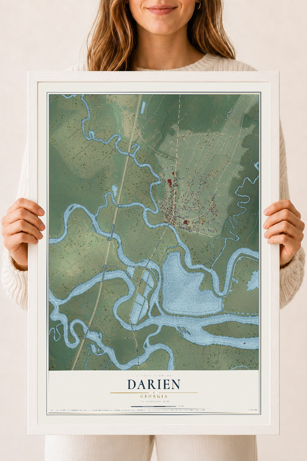 Darien, Georgia map print, 18" x 24" W/ White Ayous Wood Frame mockup