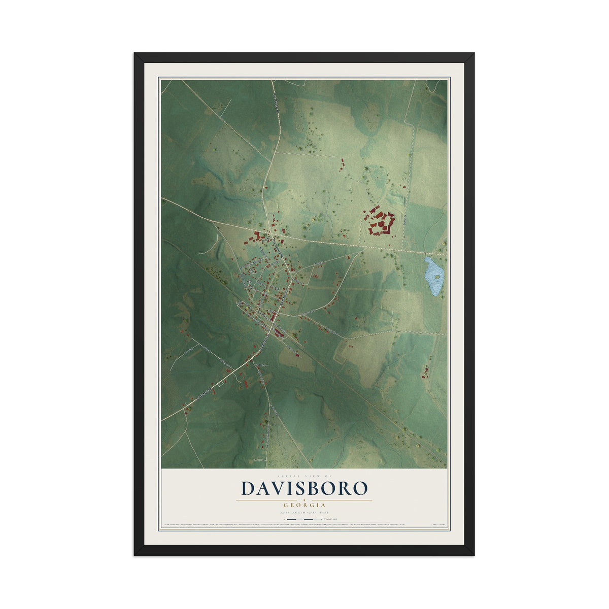 Davisboro, Georgia map print, 12" x 18" W/ Black Ayous Wood Frame mockup