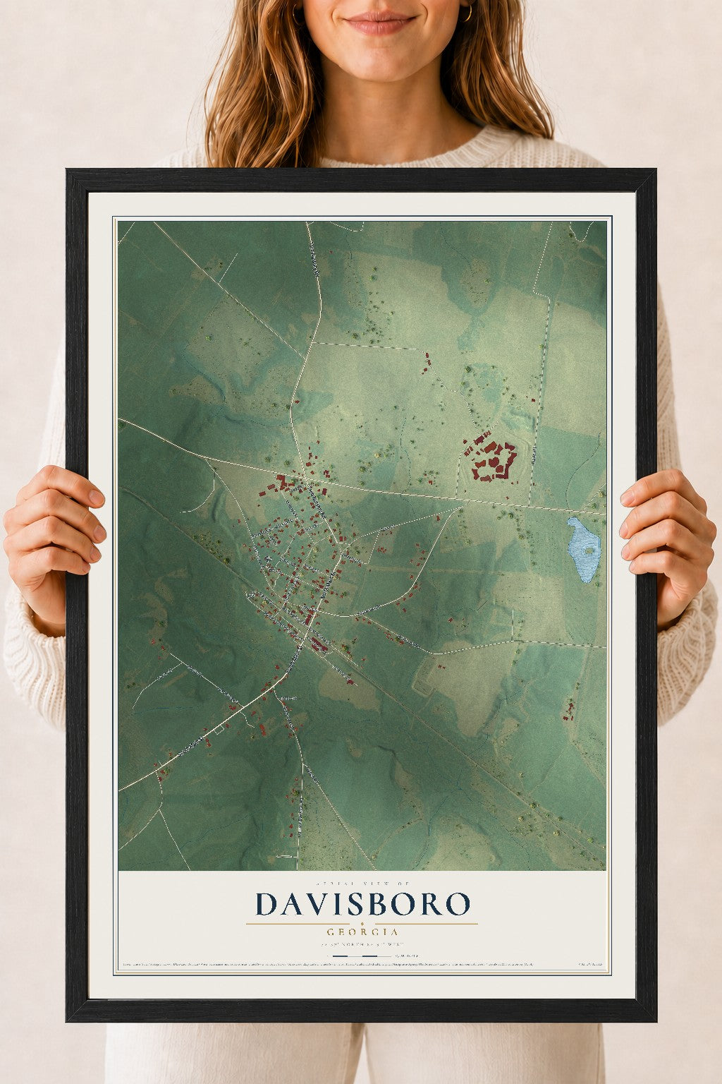 Davisboro, Georgia map print, 18" x 24" W/ Black Ayous Wood Frame mockup