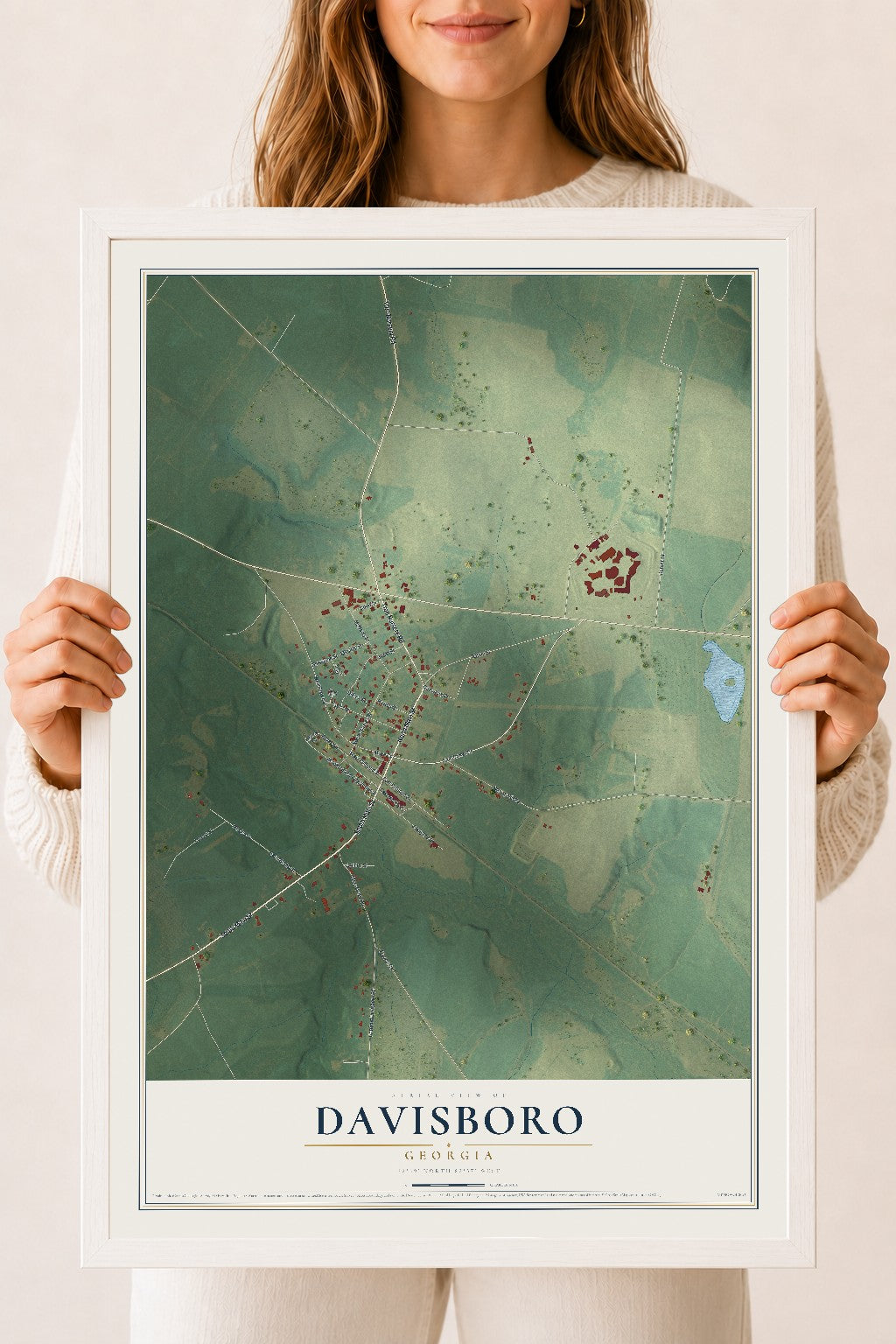 Davisboro, Georgia map print, 18" x 24" W/ White Ayous Wood Frame mockup