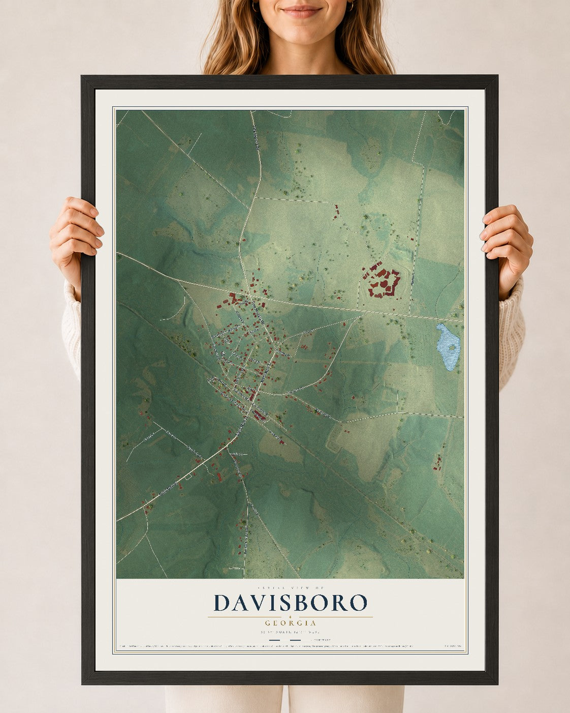 Davisboro, Georgia map print, 24" x 36" W/ Black Ayous Wood Frame mockup