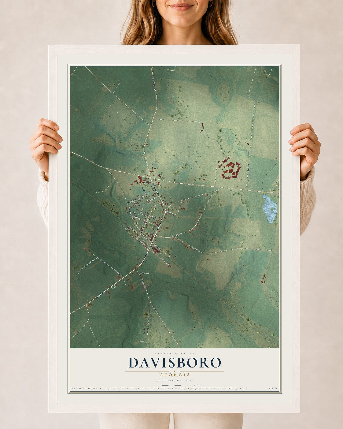 Davisboro, Georgia map print, 24" x 36" W/ White Ayous Wood Frame mockup