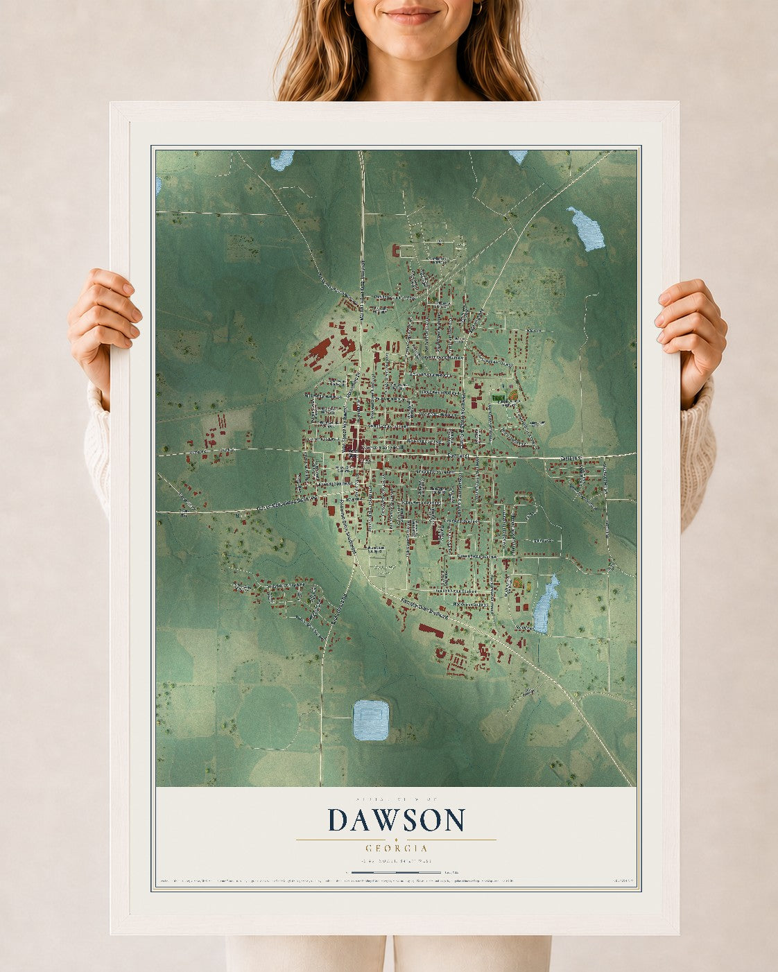 Dawson, Georgia map print, 24" x 36" W/ White Ayous Wood Frame mockup