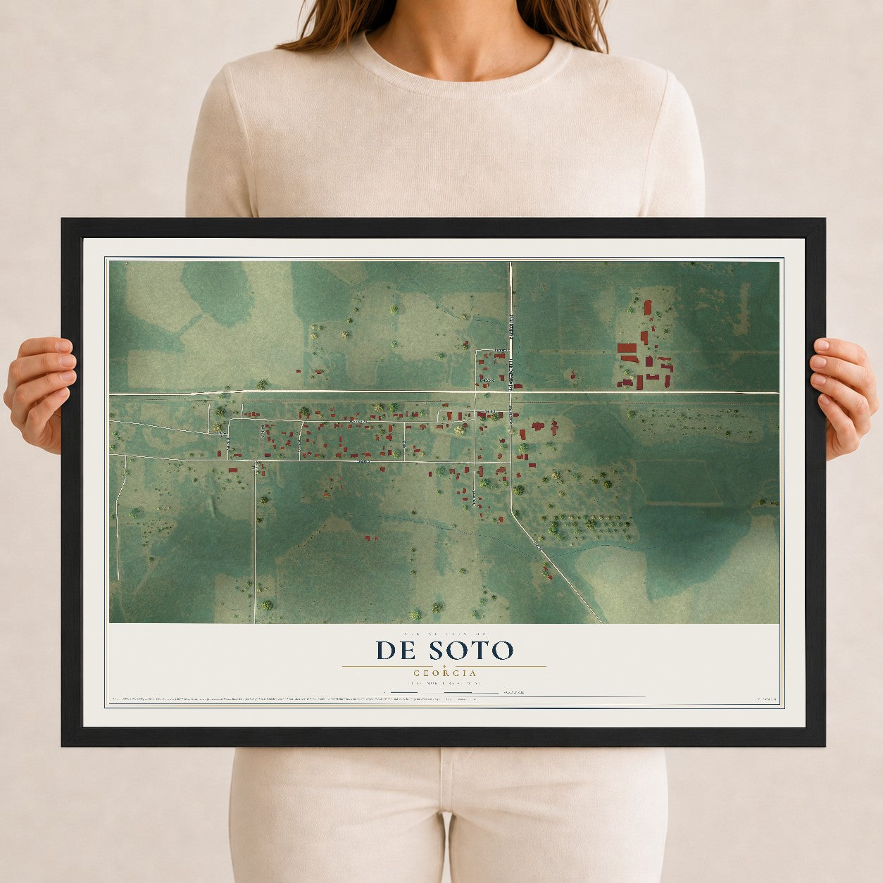 De Soto, Georgia map print, 12" x 18" W/ Black Ayous Wood Frame mockup