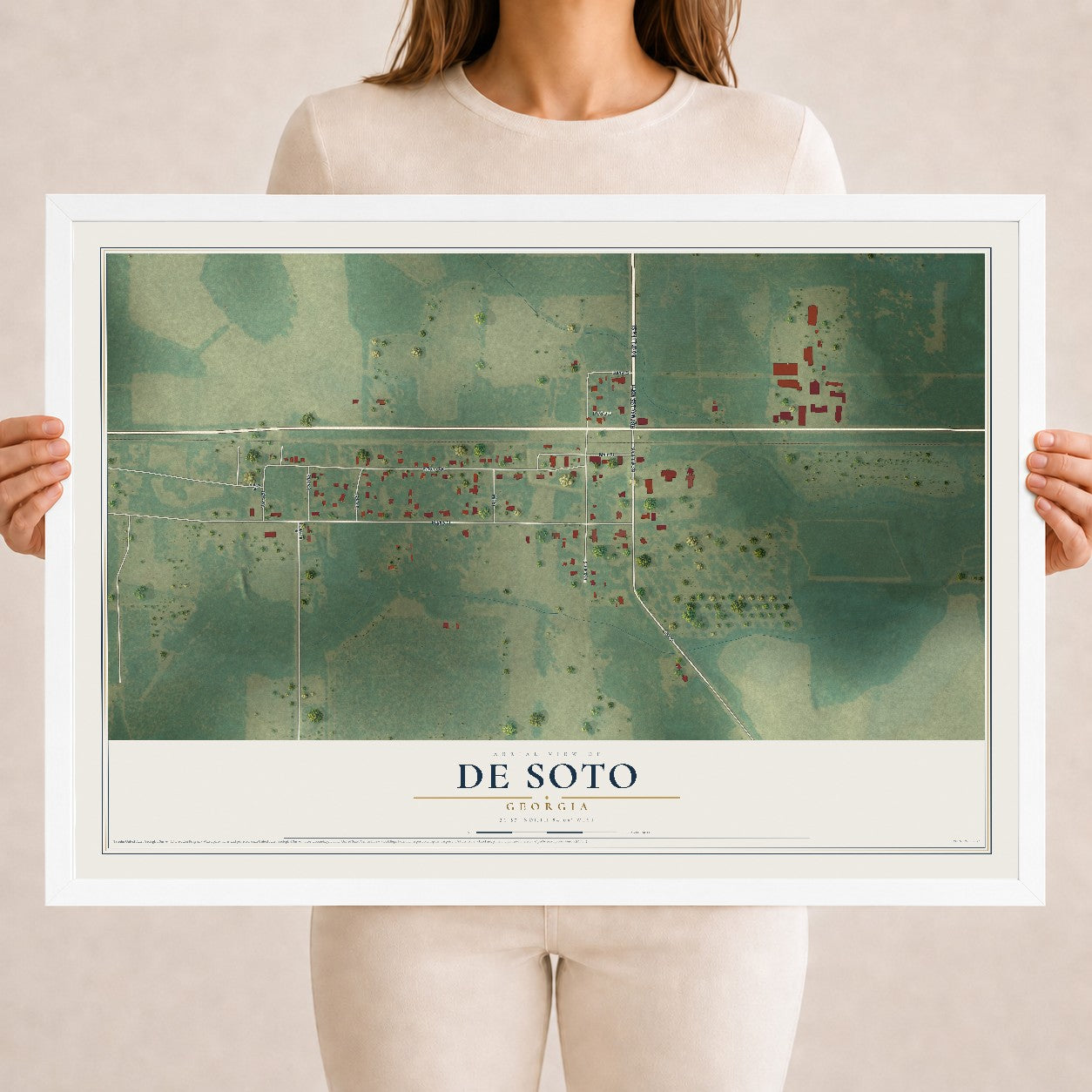 De Soto, Georgia map print, 18" x 24" W/ White Ayous Wood Frame mockup