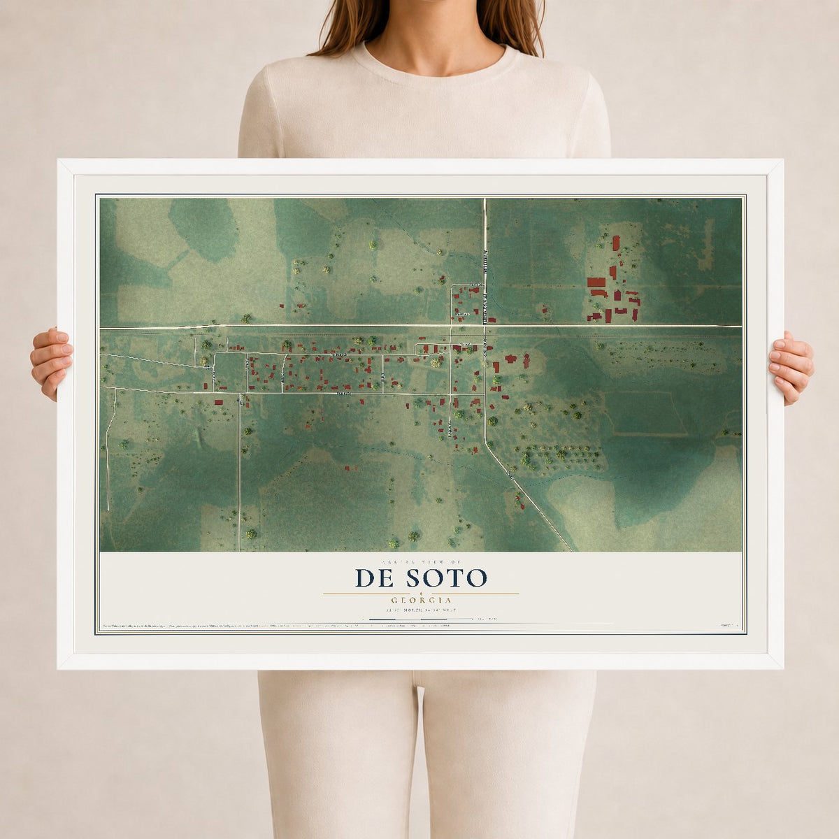 De Soto, Georgia map print, 24" x 36" W/ White Ayous Wood Frame mockup