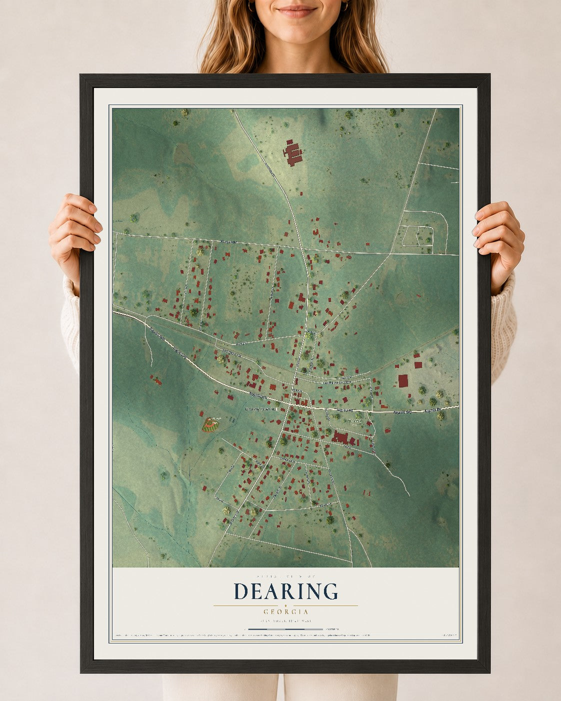 Dearing, Georgia map print, 24" x 36" W/ Black Ayous Wood Frame mockup
