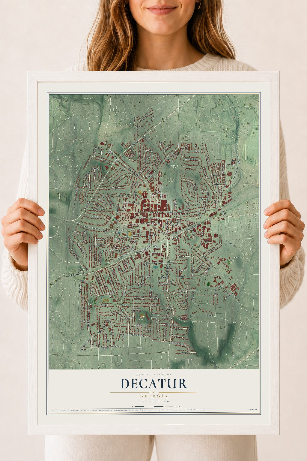 Decatur, Georgia map print, 18" x 24" W/ White Ayous Wood Frame mockup
