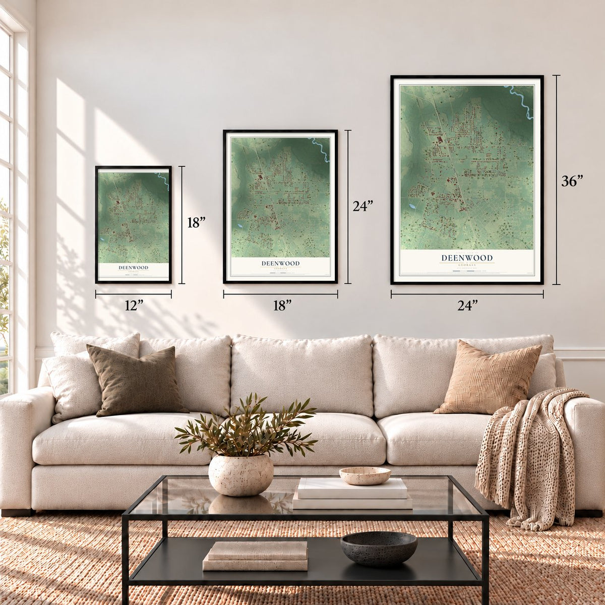 Deenwood, Georgia map in 12 x 18, 18 x 24 and 24 x 36 inch sizes above a sofa