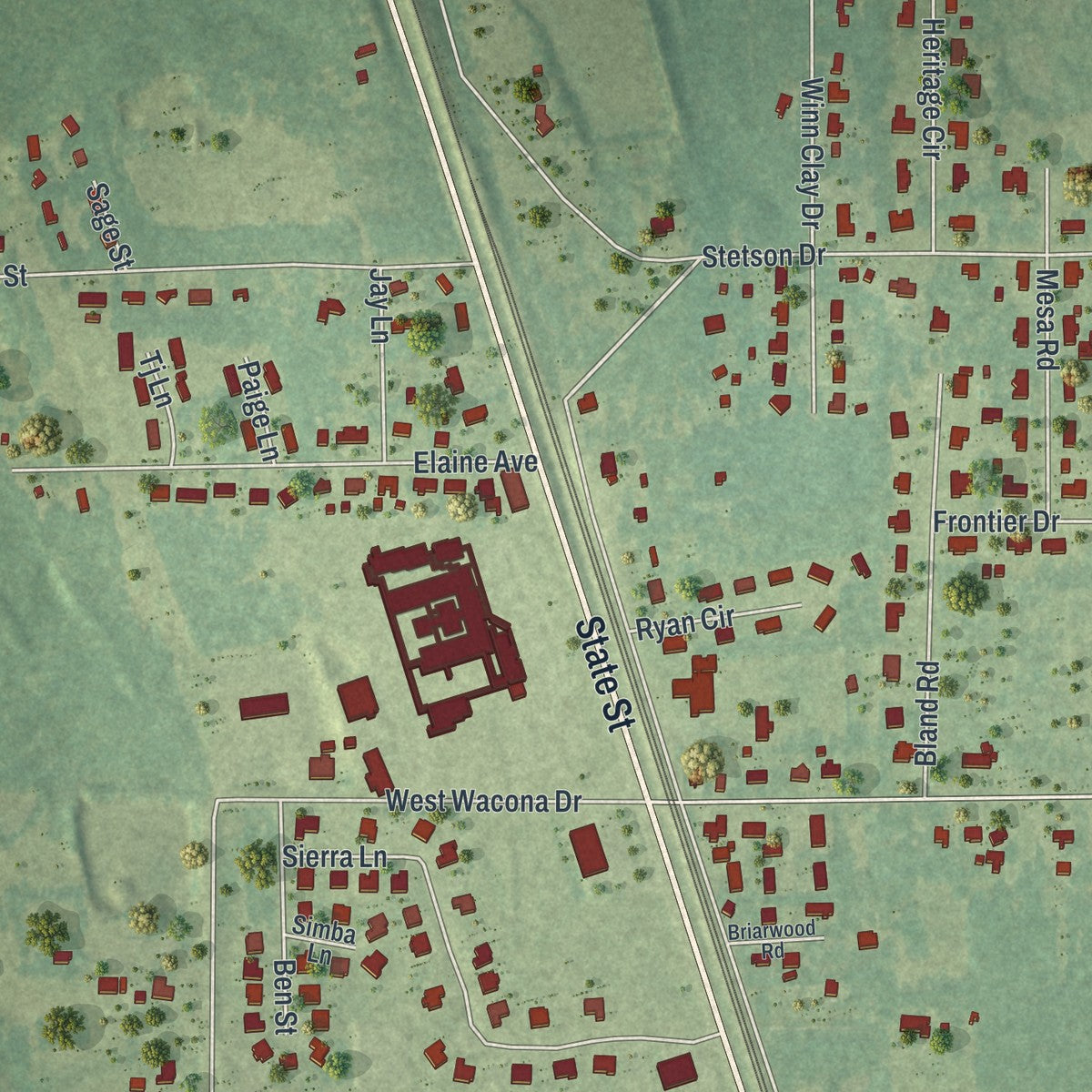 Close-up of the map of Deenwood, Georgia print showing street and building detail