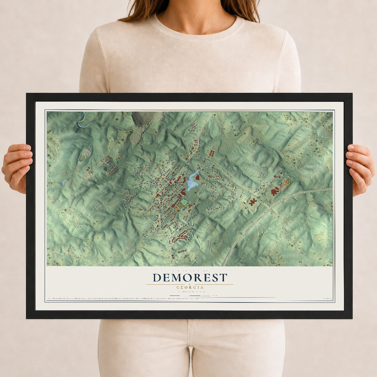 Demorest, Georgia map print, 12" x 18" W/ Black Ayous Wood Frame mockup