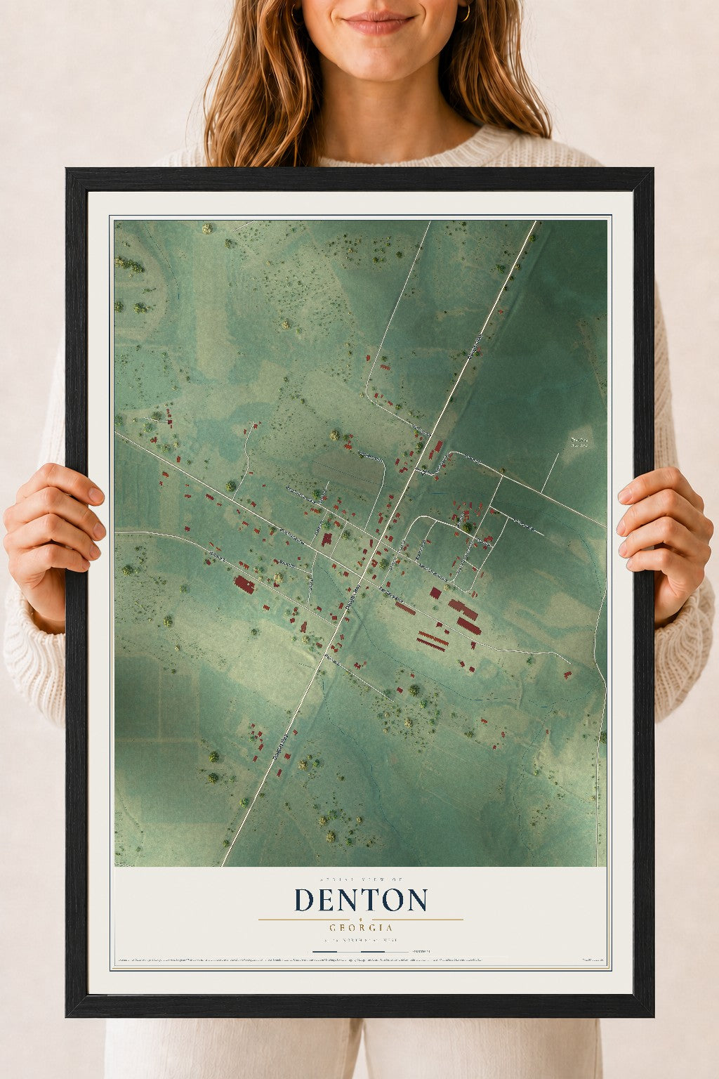 Denton, Georgia map print, 18" x 24" W/ Black Ayous Wood Frame mockup