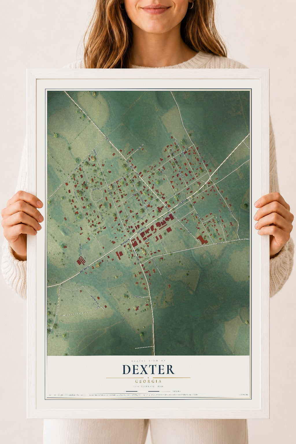Dexter, Georgia map print, 18" x 24" W/ White Ayous Wood Frame mockup