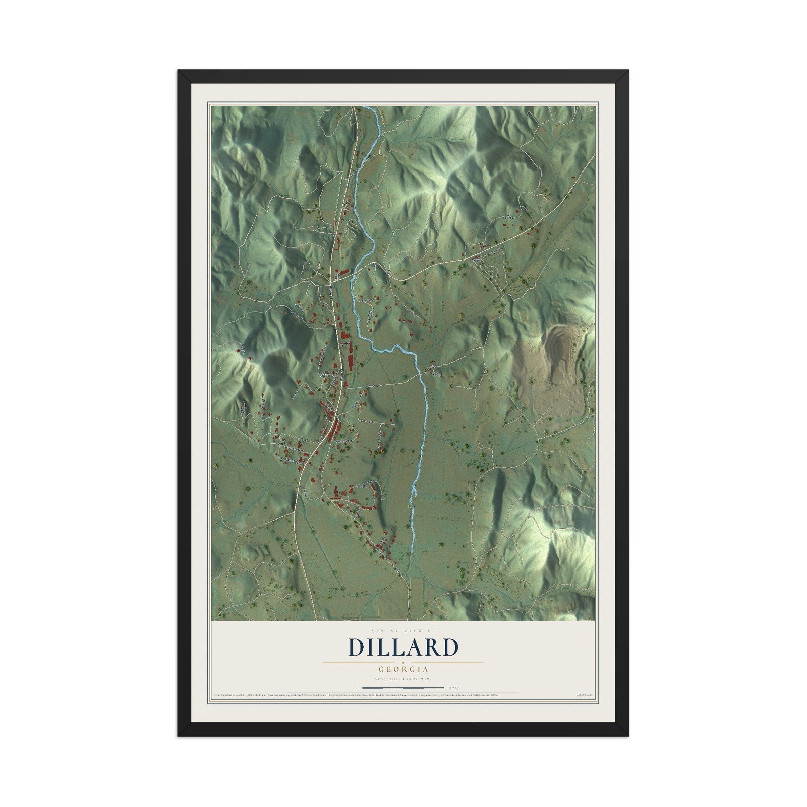Dillard, Georgia map print, 12" x 18" W/ Black Ayous Wood Frame mockup