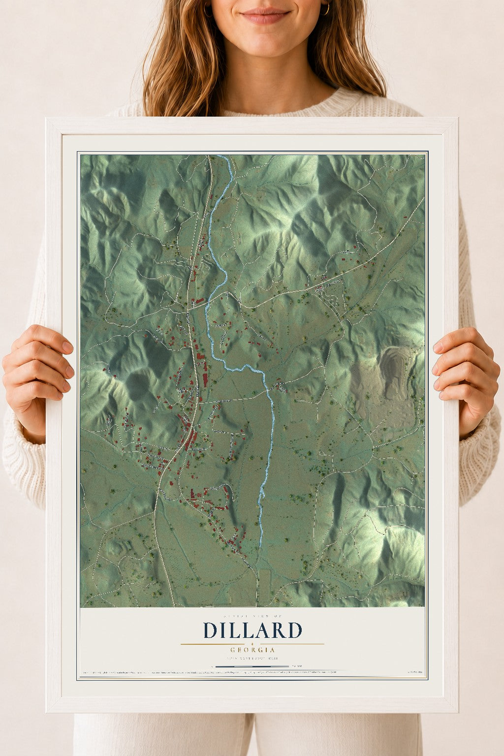 Dillard, Georgia map print, 18" x 24" W/ White Ayous Wood Frame mockup