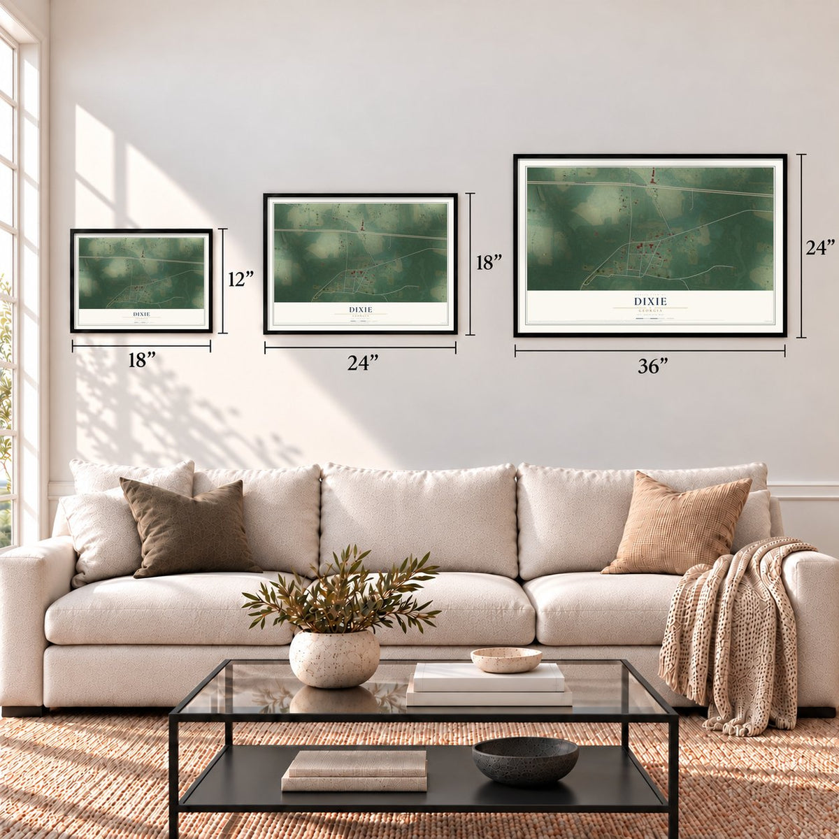 Dixie, Georgia map in 12 x 18, 18 x 24 and 24 x 36 inch sizes above a sofa