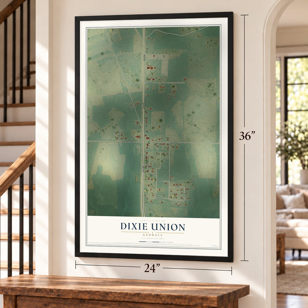 Dixie Union, Georgia map, 24 x 36 inch print in a black frame by a staircase
