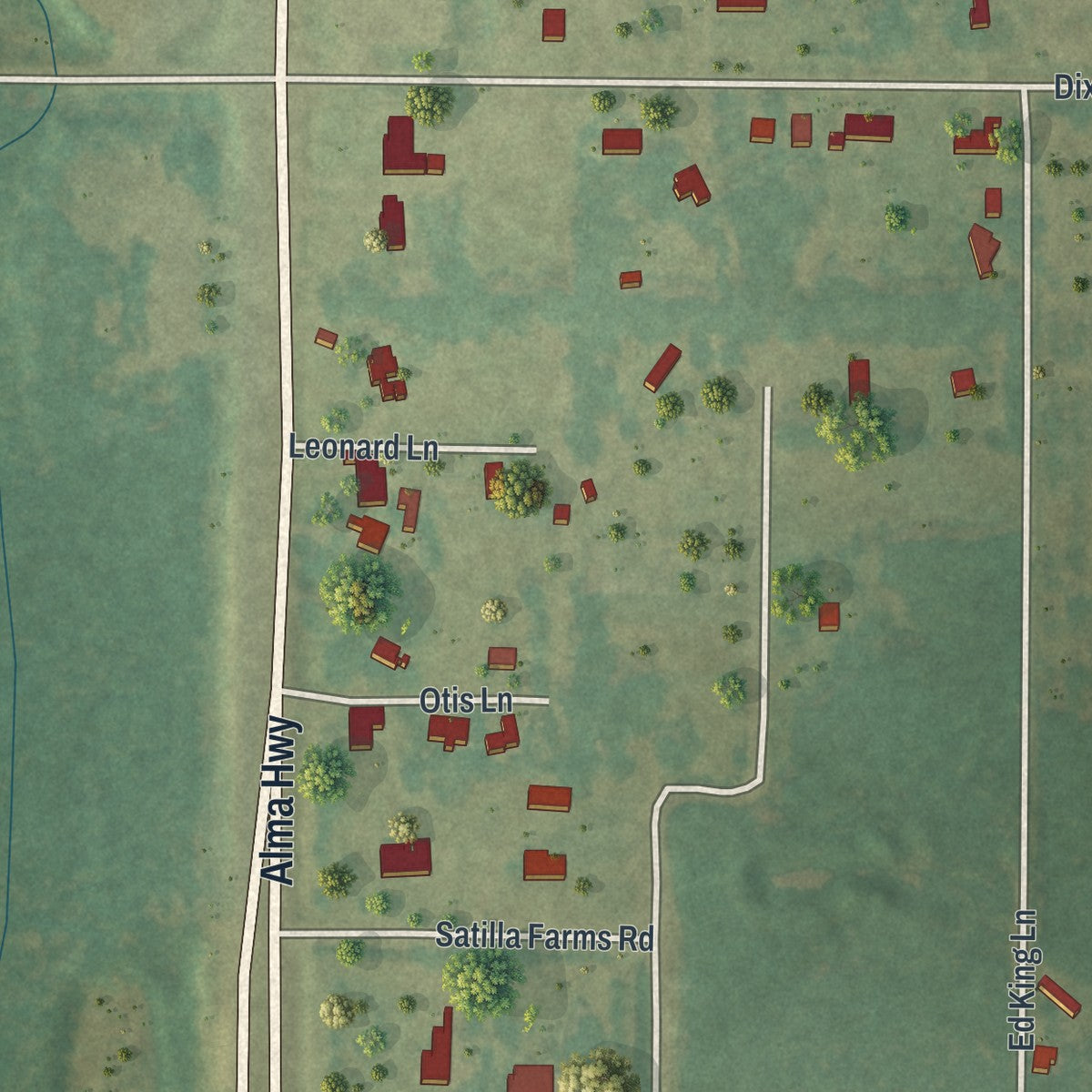 Close-up of the map of Dixie Union, Georgia print showing street and building detail