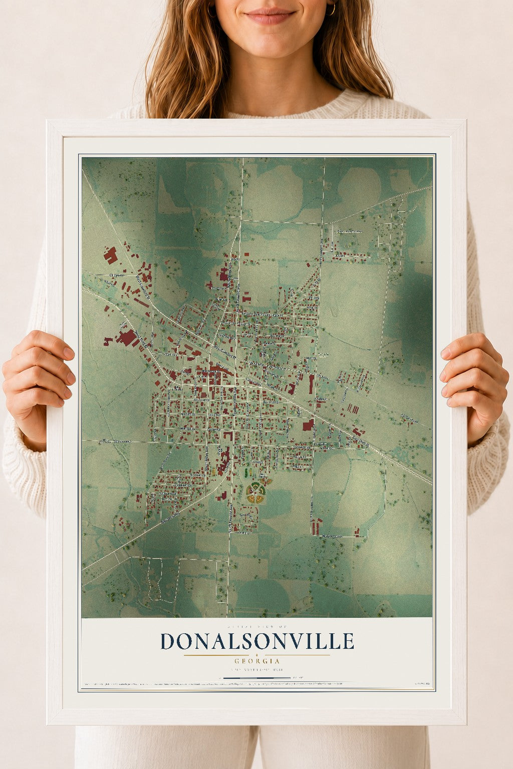 Donalsonville, Georgia map print, 18" x 24" W/ White Ayous Wood Frame mockup
