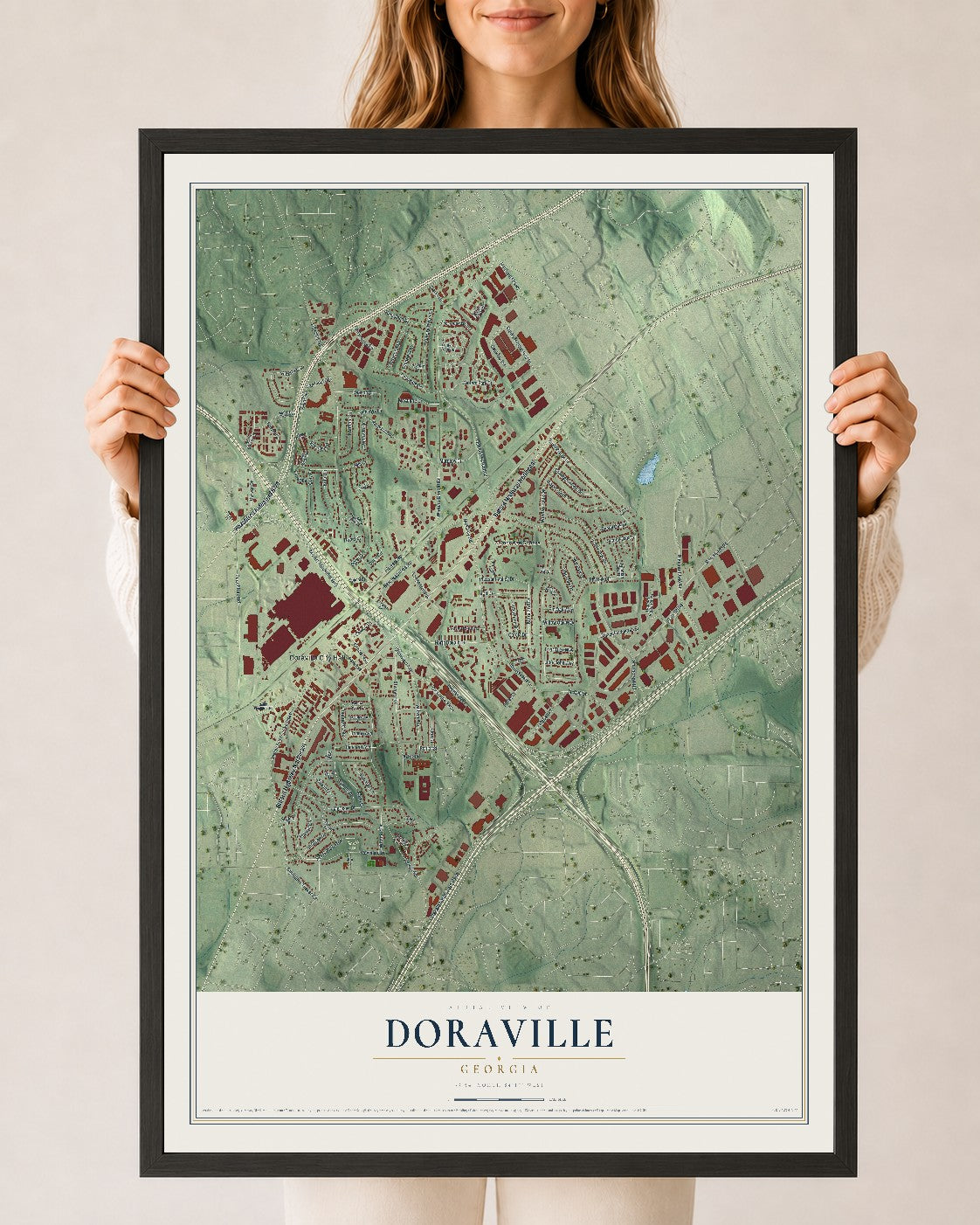 Doraville, Georgia map print, 24" x 36" W/ Black Ayous Wood Frame mockup