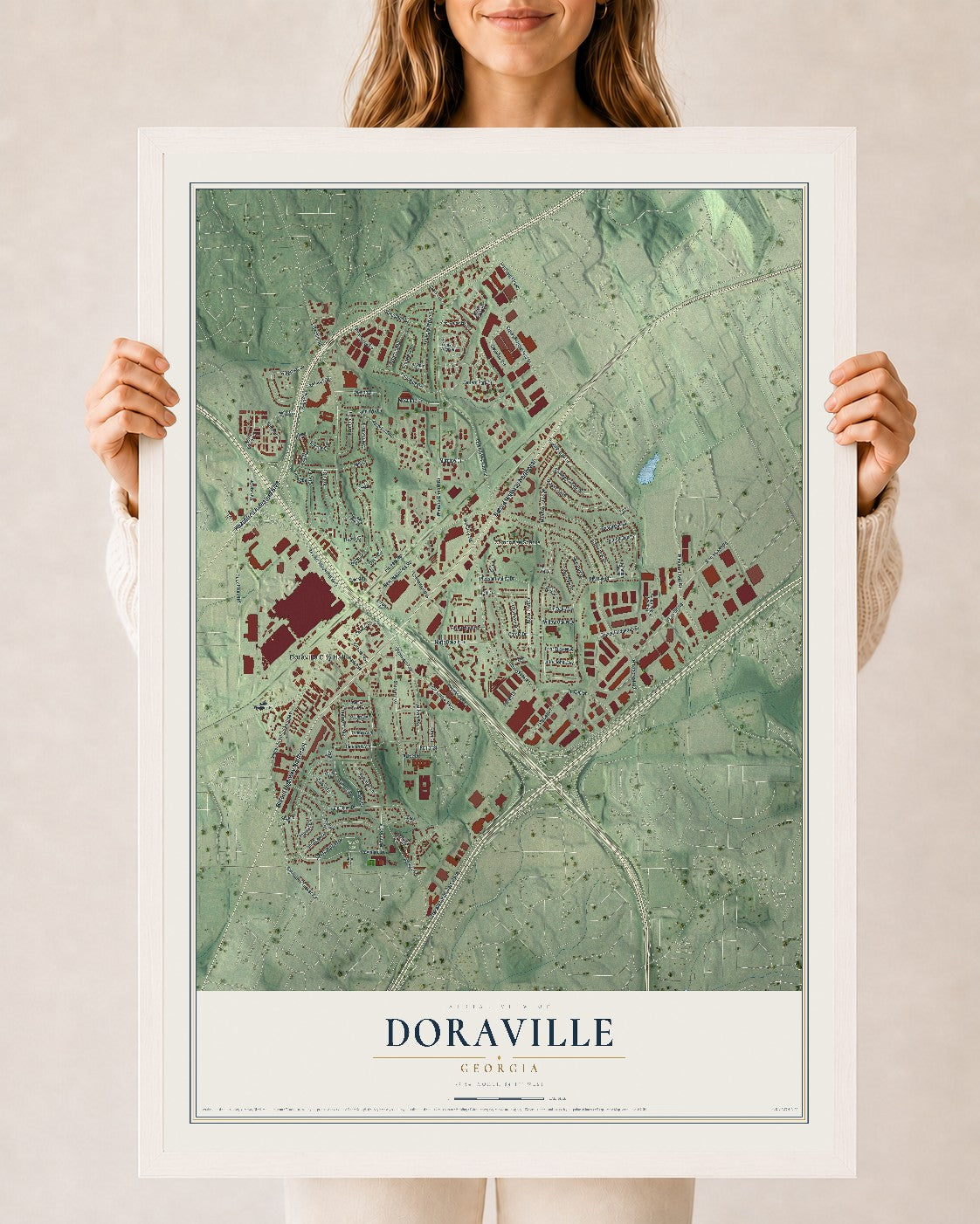 Doraville, Georgia map print, 24" x 36" W/ White Ayous Wood Frame mockup