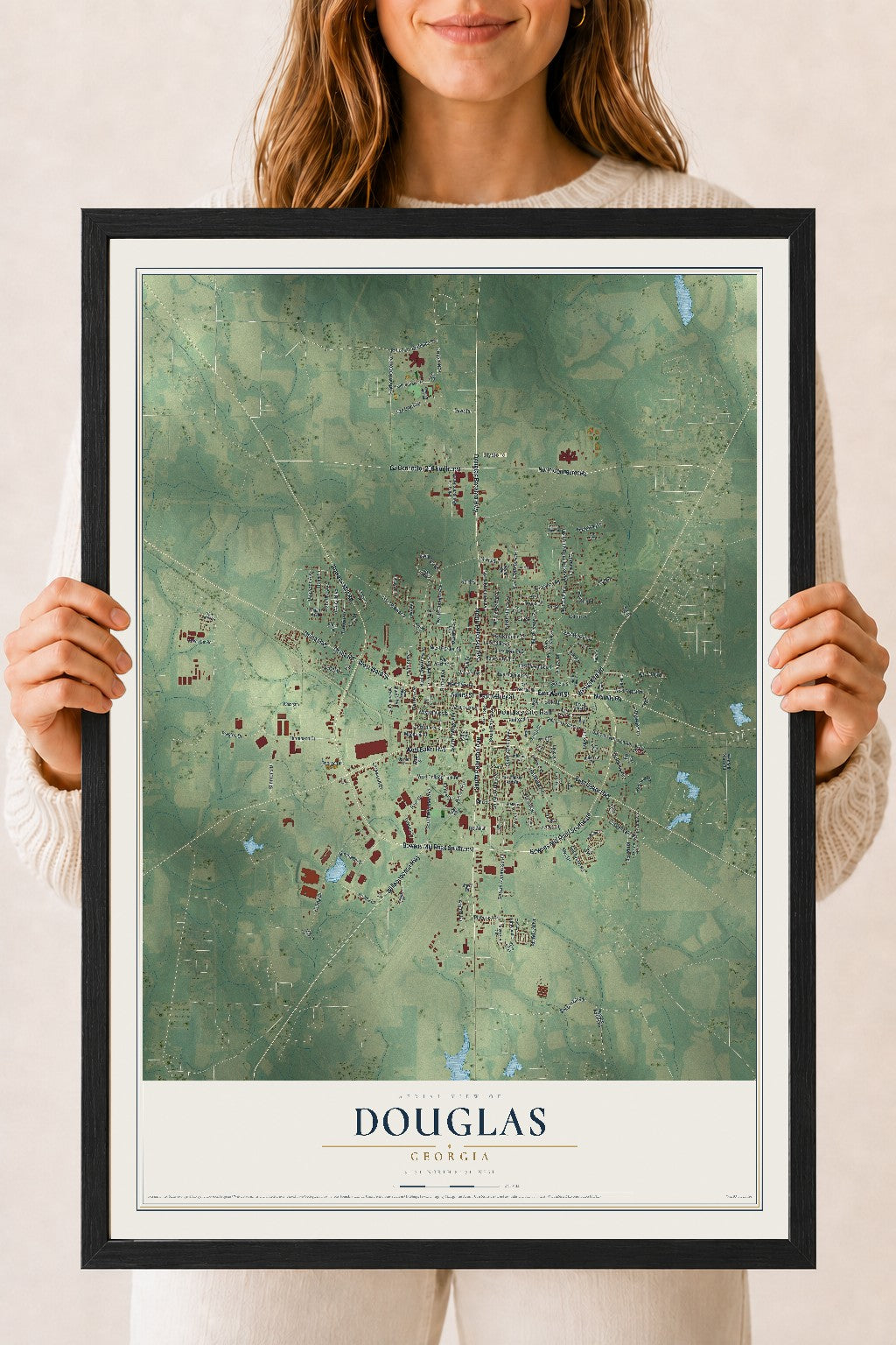 Douglas, Georgia map print, 18" x 24" W/ Black Ayous Wood Frame mockup