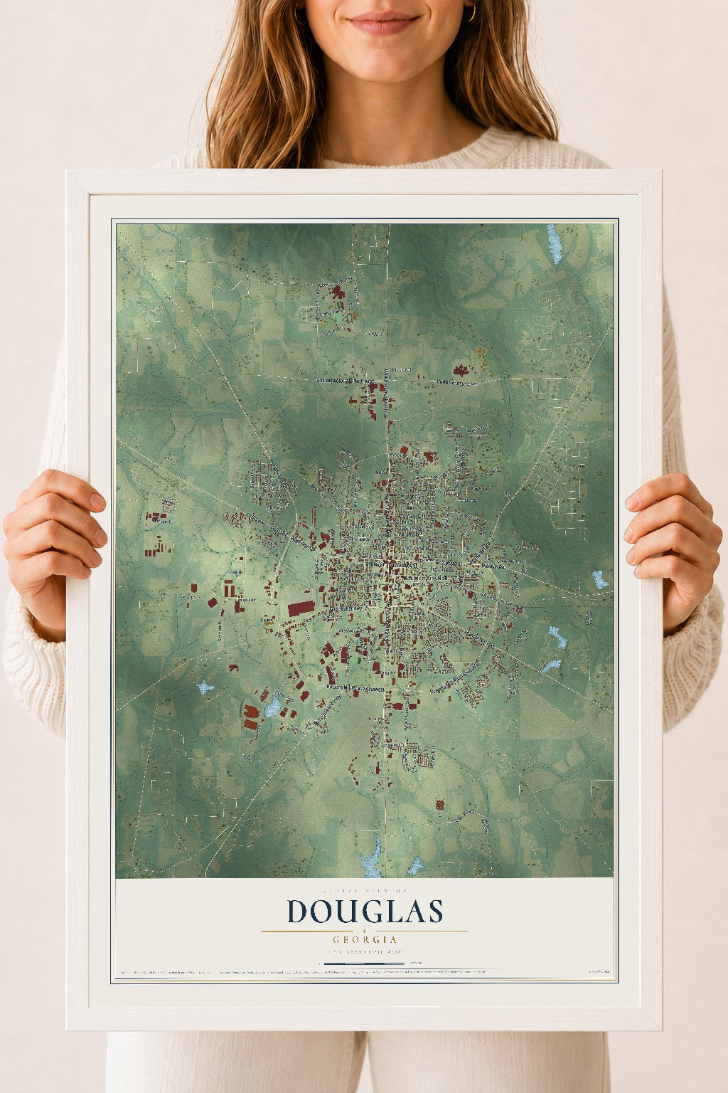Douglas, Georgia map print, 18" x 24" W/ White Ayous Wood Frame mockup