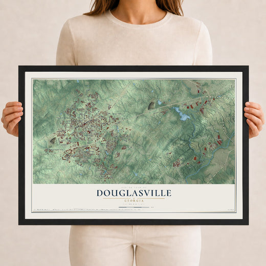 Map of Douglasville, Georgia, 12 x 18 inch print in a black wood frame