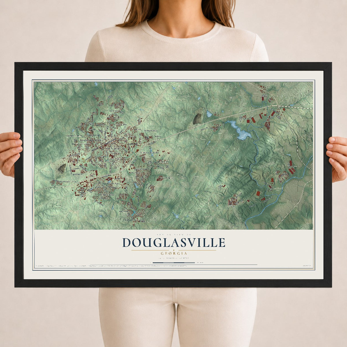 Douglasville, Georgia map print, 18" x 24" W/ Black Ayous Wood Frame mockup